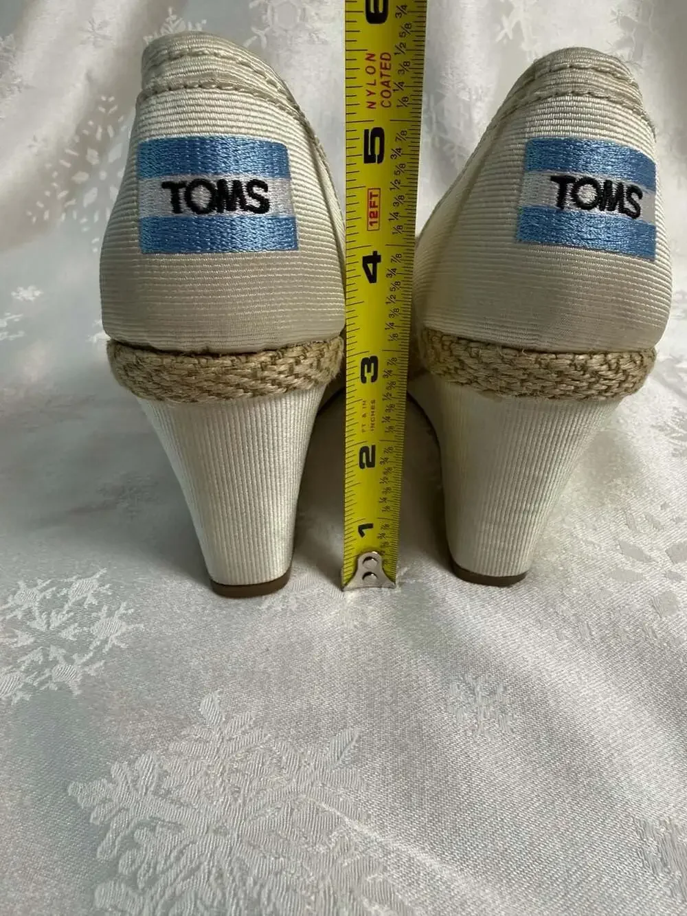 TOMS Beige Canvas Espadrille Peep Toe Wedge Heels